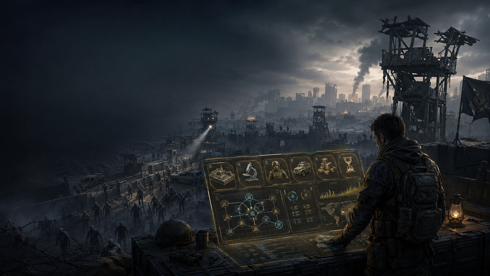 WatchTower Ops Dark War beginner strategy cover showing a ruined zombie attacked city, collapsed watchtowers, and a tactical survival command interface for first 30 day progression