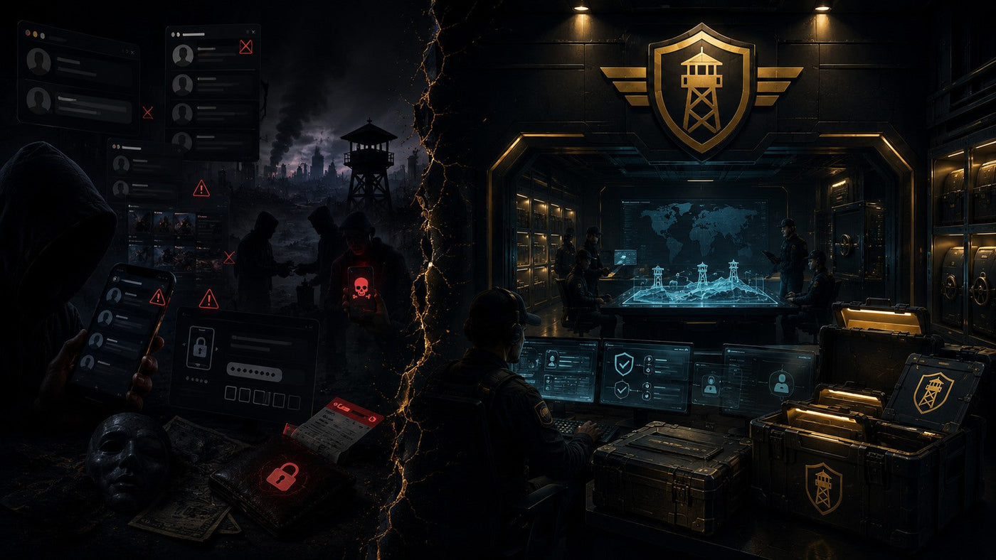 WatchTower Ops Dark War blog cover showing the contrast between risky social media trading and secure verified trade protection