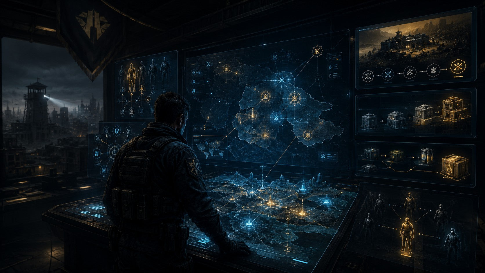 WatchTower Ops tactical strategy interface showing decision pressure from packs, events, upgrades, and resource planning in survival strategy games
