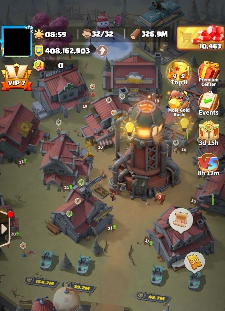 Screenshot of a game interface with buildings and resources in a fantasy setting