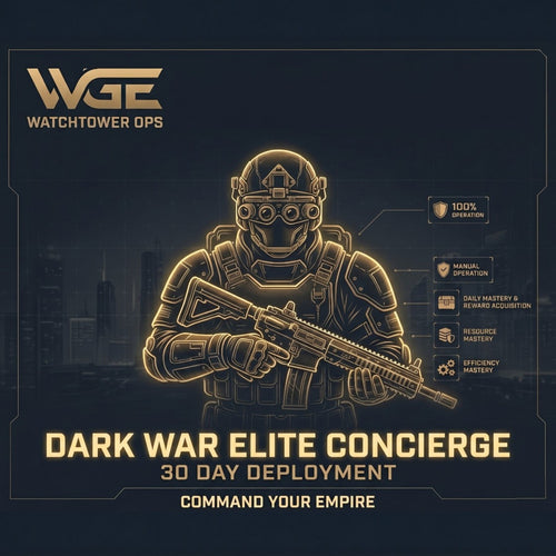 Dark War Elite Concierge 30 Day Premium Deployment providing 100 percent manual account management and resource mastery by WatchTower Ops.