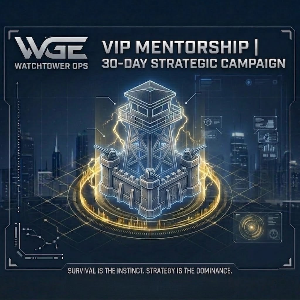 30-Day Strategic Campaign VIP Mentorship for Dark War by WatchTower Ops showcasing a fortified strategic watchtower with advanced game dominance tactics.
