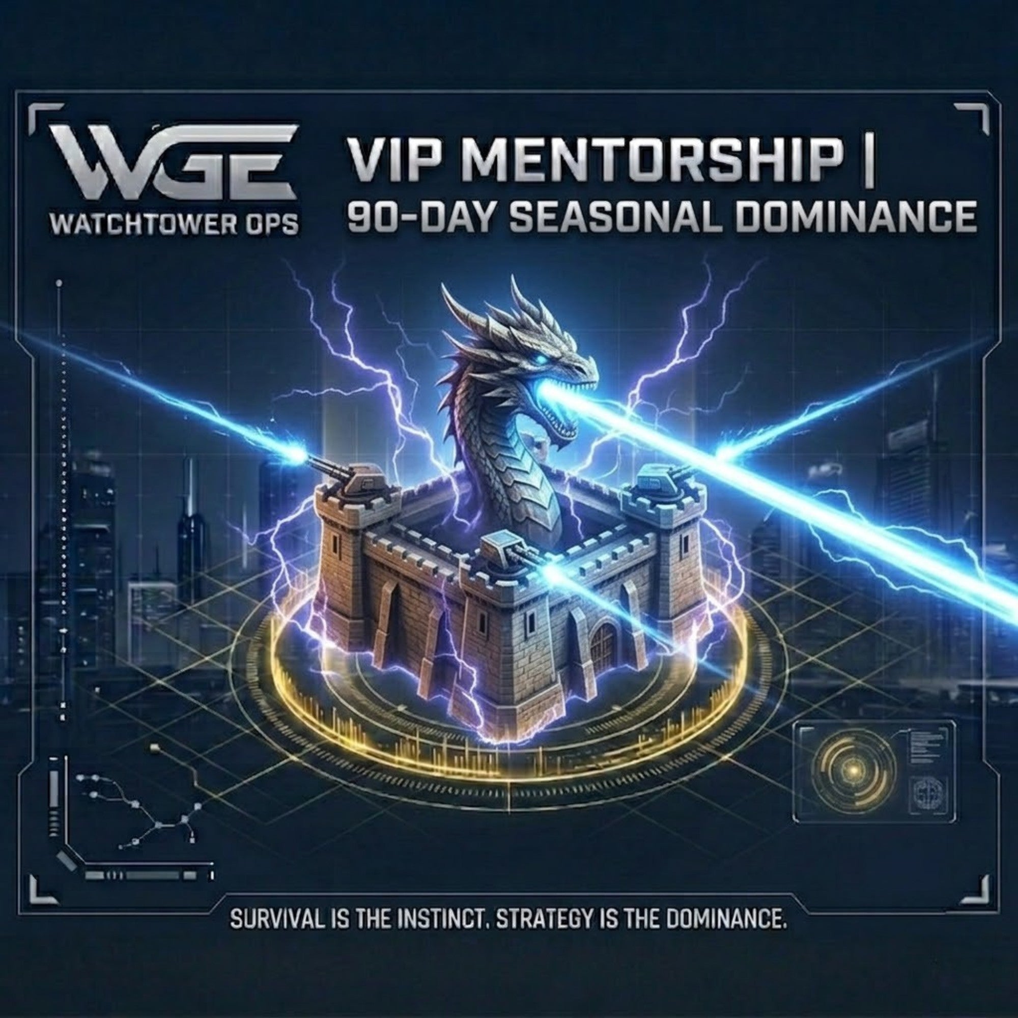 90-Day Seasonal Dominance VIP Mentorship for Dark War by WatchTower Ops featuring a supreme dragon fortress with active fire and total server dominance strategy.